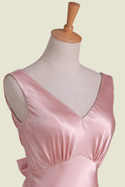 Pink A Line V-Neck Backless Sleeveless Satin Bridesmaid Dresses