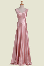 Pink A Line V-Neck Backless Sleeveless Satin Bridesmaid Dresses