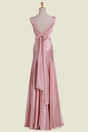 Pink A Line V-Neck Backless Sleeveless Satin Bridesmaid Dresses