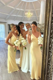 Yellow V-Neck Floor-Length Satin Bridesmaid Dresses