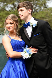 Royal Blue A-Line Satin Criss Cross Straps Prom Dresses with Appliques