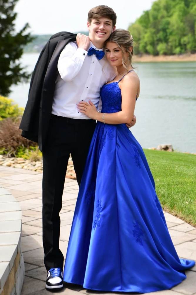 Royal Blue A-Line Satin Criss Cross Straps Prom Dresses with Appliques