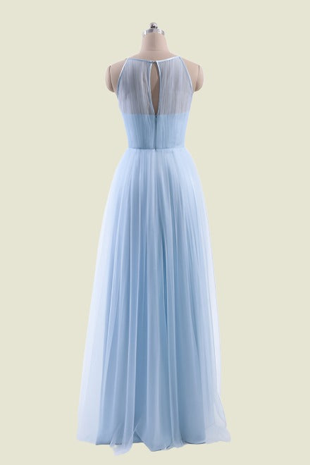 Sky Blue Sleeveless A-Line Lace Tulle Floor-Length Bridesmaid Dresses