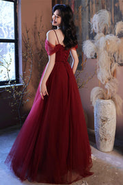 Burgundy Off-The-Shoulder A-Line Tulle Evening Dresses