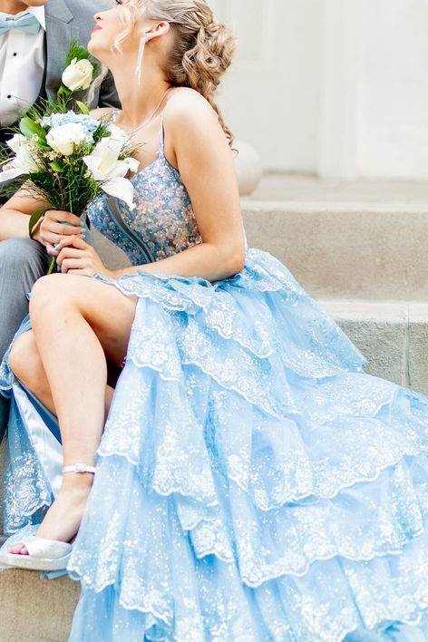 Blue Tiered Spaghetti Straps Lace Tulle A-Line Prom Dresses with Slit