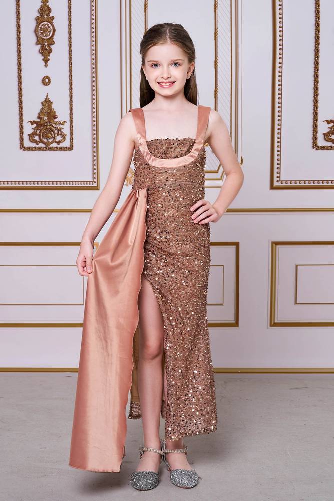 Tea-Length Sequined Teen Girl Prom Dresses with Slit