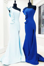 Light Blue One-Shoulder Mermaid Satin Long Prom Dresses with Slit