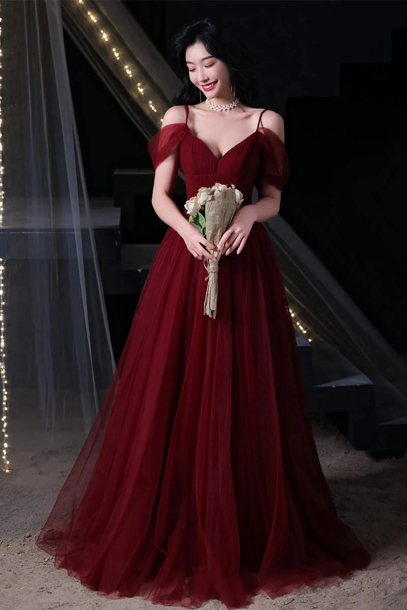 Burgundy Off-The-Shoulder A-Line Tulle Evening Dresses