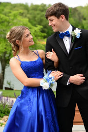 Royal Blue A-Line Satin Criss Cross Straps Prom Dresses with Appliques