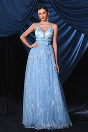 Blue Floor-Length A-Line Sequin V-Neck Evening Dresses with Bow