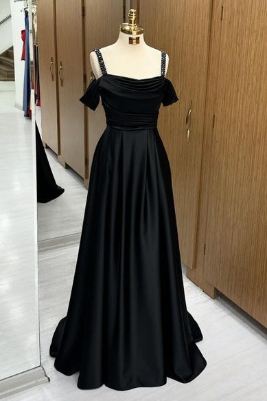 Gorgeous Black Floor-Length Off-The-Shoulder Spaghetti Straps A-Line Satin Prom Dresses