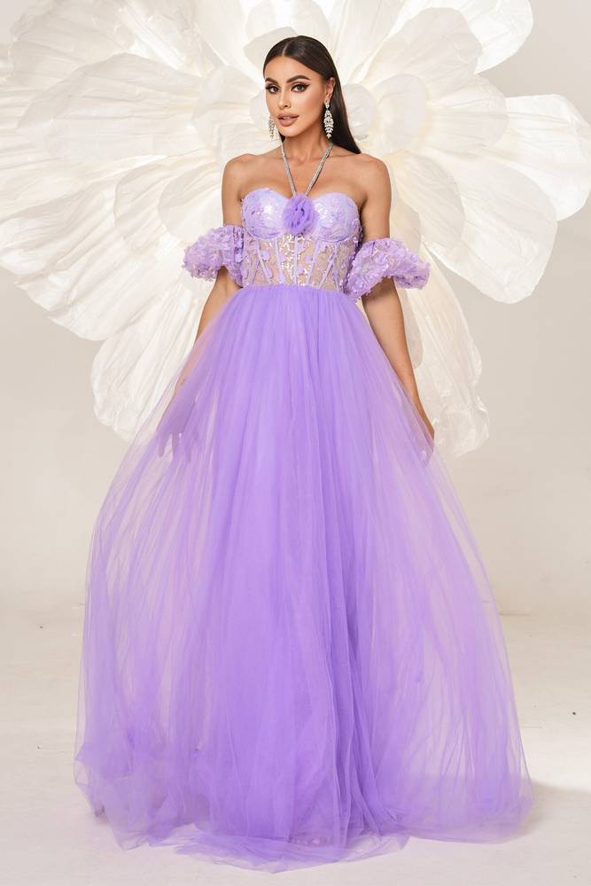 Lavender Halter A-Line Tulle Evening Dresses with Appliques