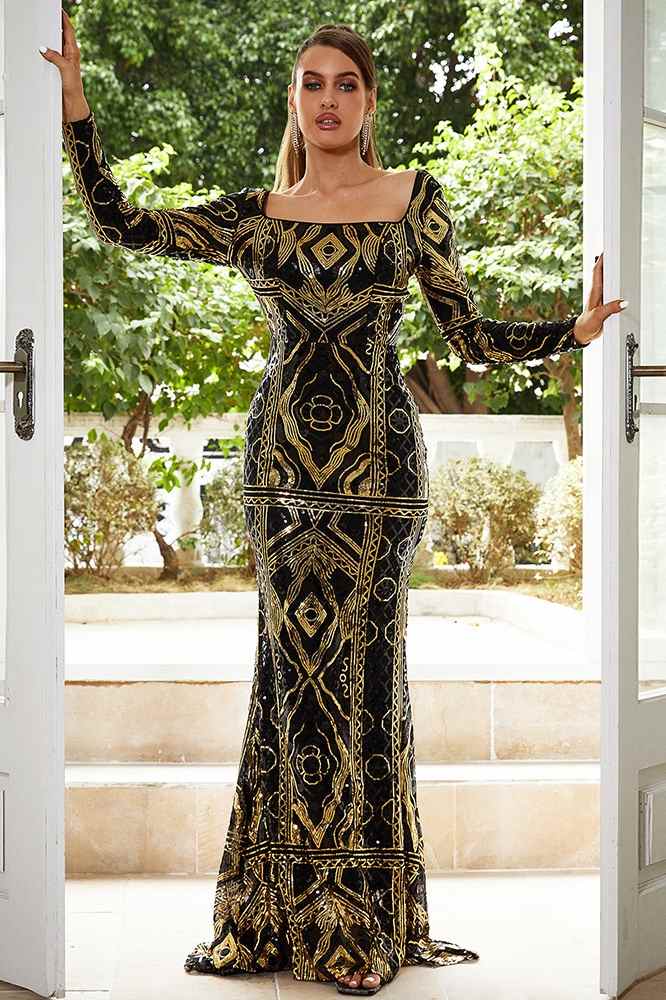 Square Neck Long Sleeves Mermaid Sequin Evening Dresses