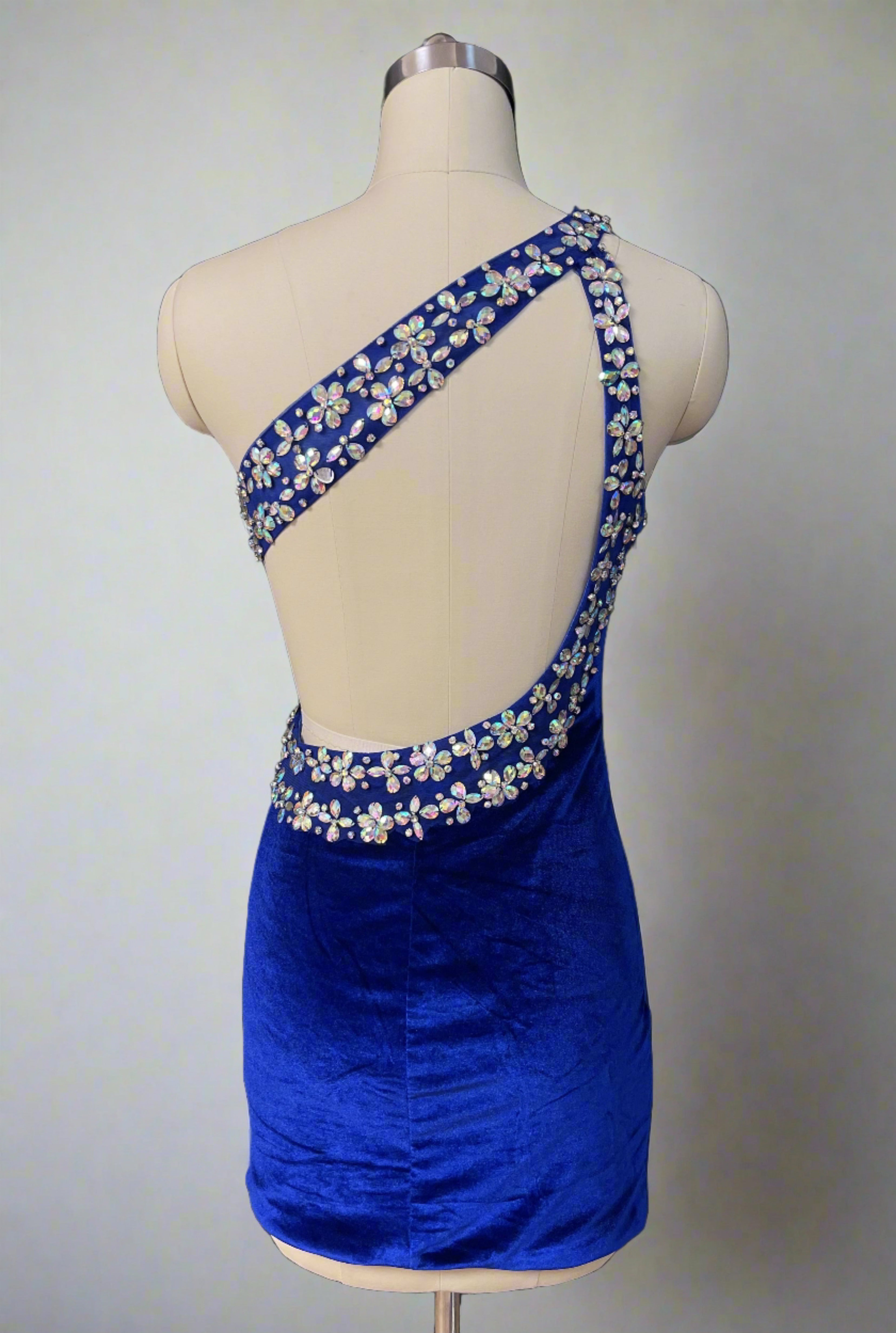 Royal Blue One-Shoulder Sleeveless Tight Short Homecoming Dresses with Rhinestones