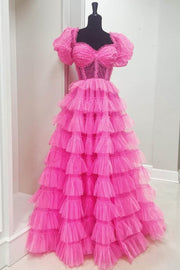 A-Line Tiered Sweetheart Long Tulle Party Dresses Short Sleeves with Slit