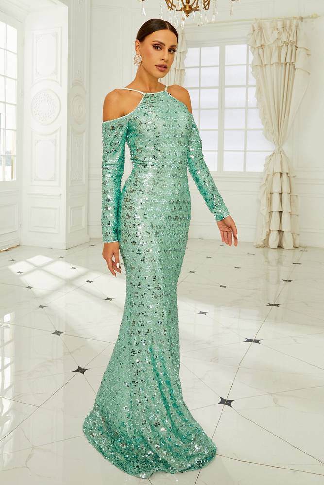 Sequined Long Sleeves Mermaid Evening Prom Dresses with Spaghetti Straps