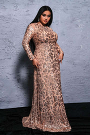 Plus Size Jewel Neck Column Sequin Prom Evening Dresses with Long Sleeves