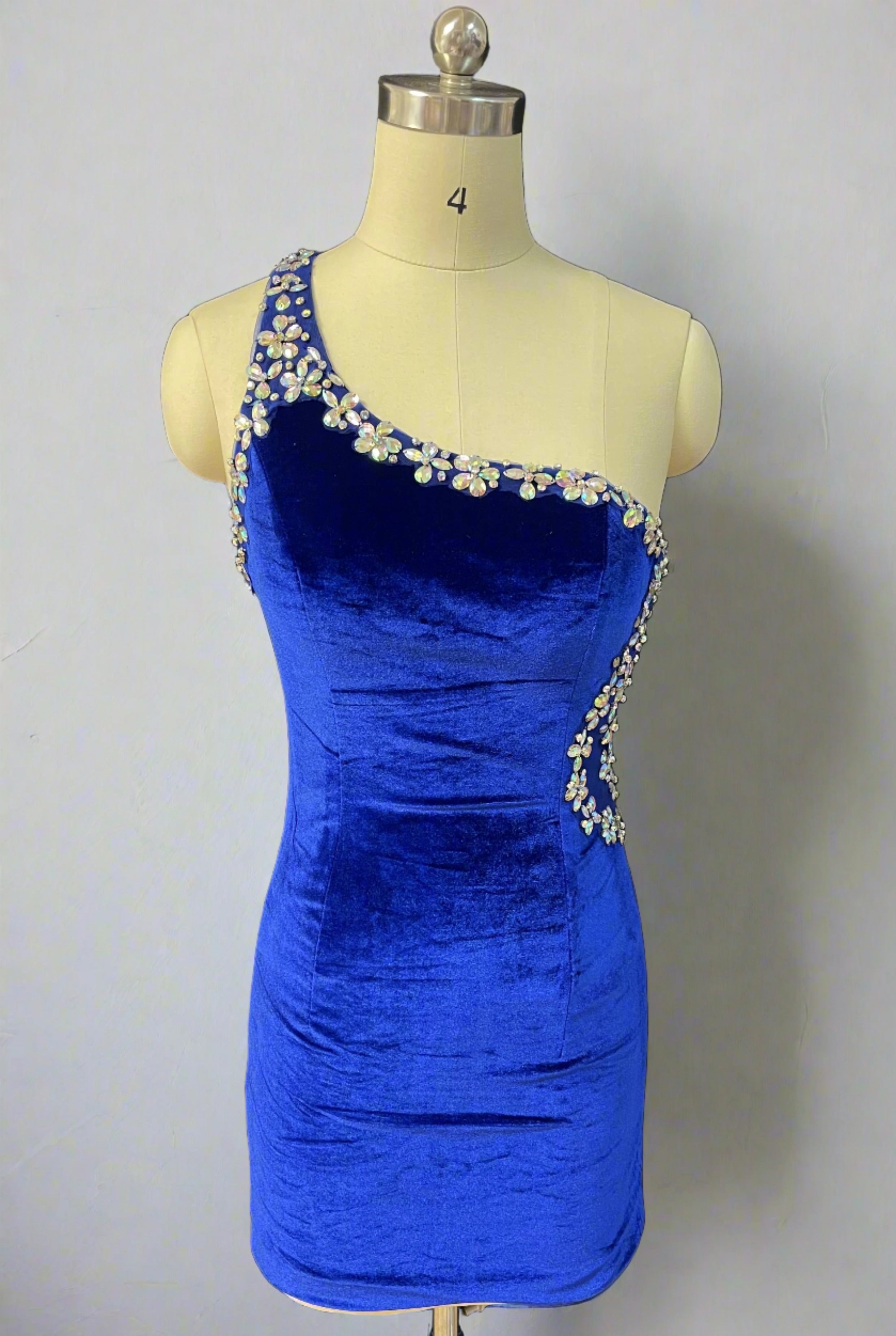 Royal Blue One-Shoulder Sleeveless Tight Short Homecoming Dresses with Rhinestones