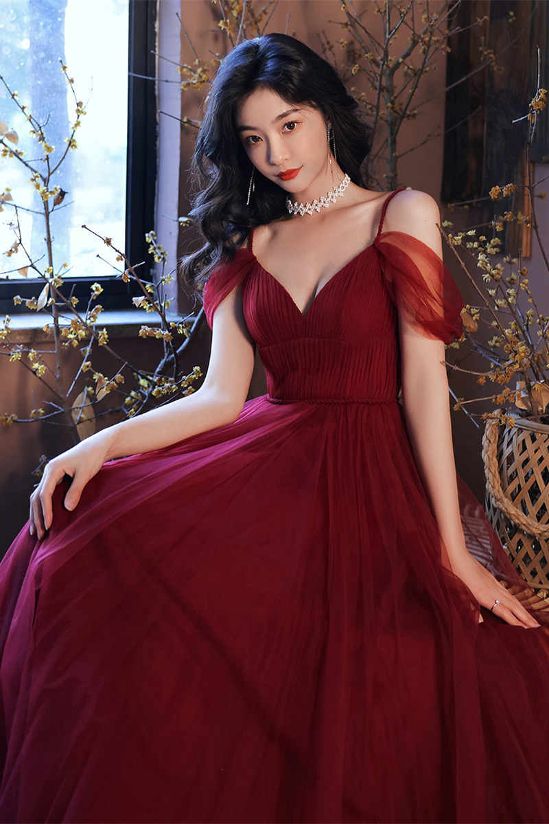 Burgundy Off-The-Shoulder A-Line Tulle Evening Dresses