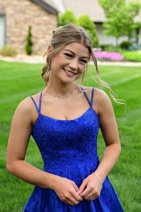 Royal Blue A-Line Satin Criss Cross Straps Prom Dresses with Appliques