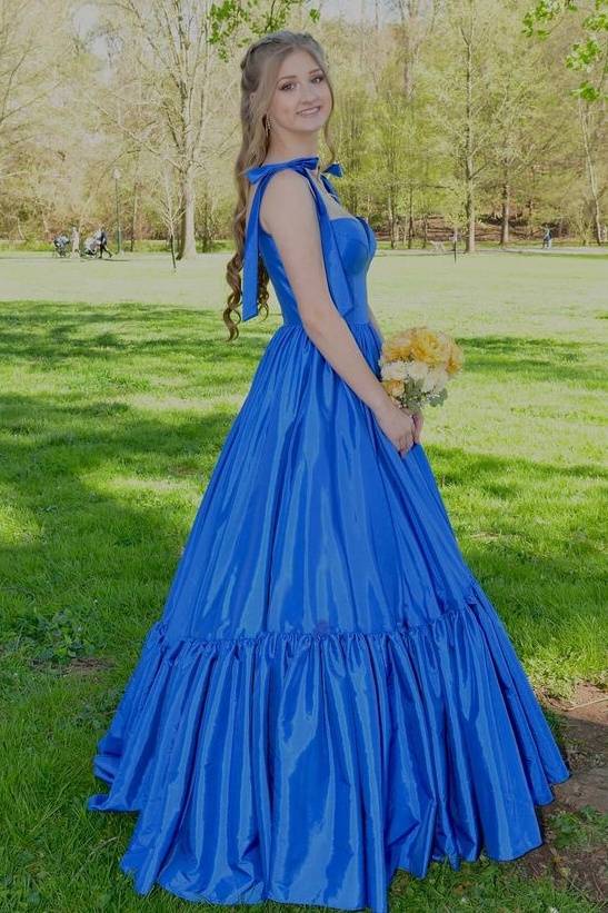 Blue Sweetheart Sleeveless Satin Long Formal Dresses A-Line with Open Back