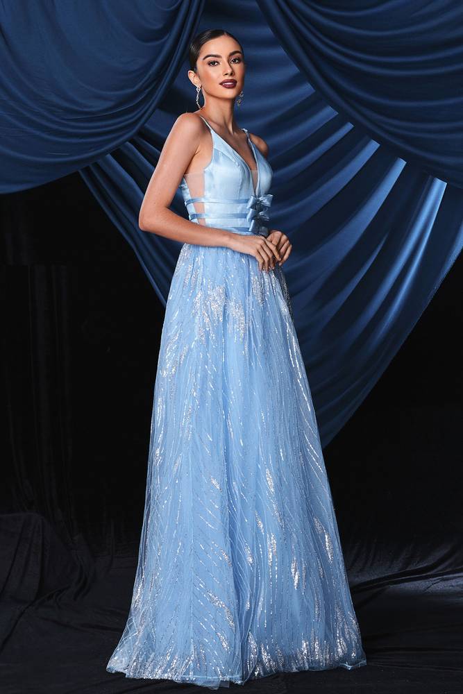 Blue Floor-Length A-Line Sequin V-Neck Evening Dresses with Bow