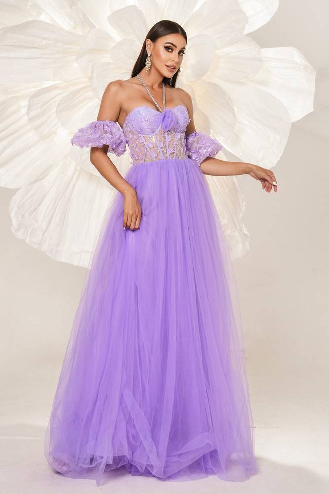 Lavender Halter A-Line Tulle Evening Dresses with Appliques