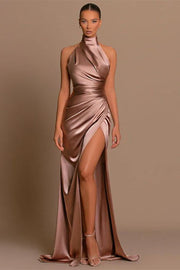 Sexy High Neck Sleeveless Mermaid Satin Prom Dresses with Slit