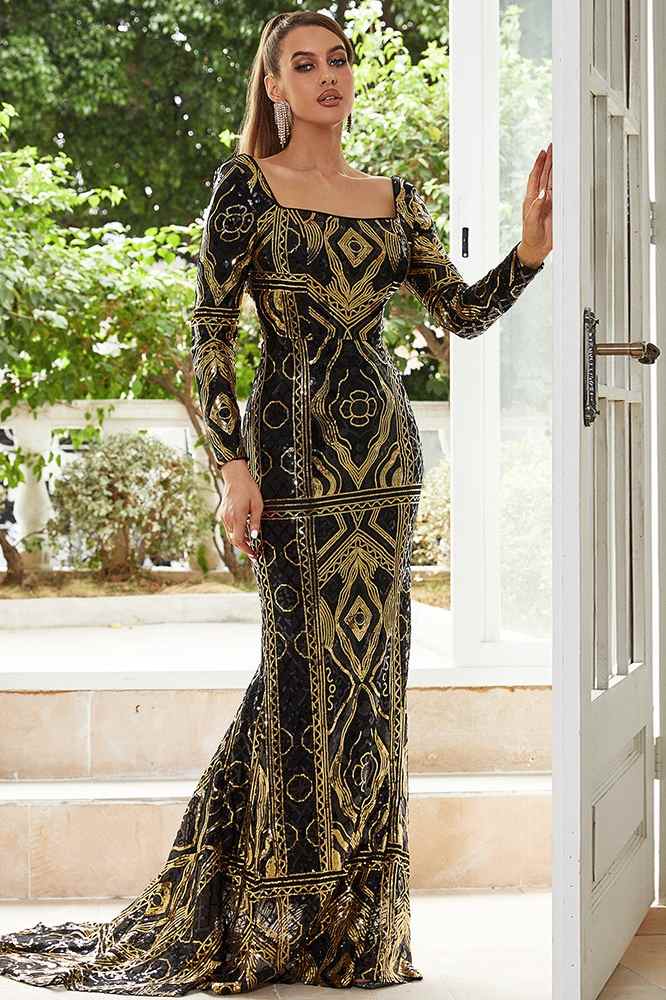 Square Neck Long Sleeves Mermaid Sequin Evening Dresses