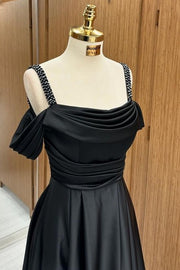 Gorgeous Black Floor-Length Off-The-Shoulder Spaghetti Straps A-Line Satin Prom Dresses