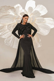 Black Beaded Long Sleeves Mermaid Satin Evening Dresses with Bow