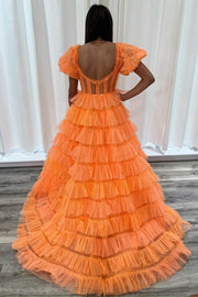 Orange A-Line Tiered Sweetheart Long Tulle Party Dresses Short Sleeves with Slit