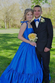 Blue Sweetheart Sleeveless Satin Long Formal Dresses A-Line with Open Back