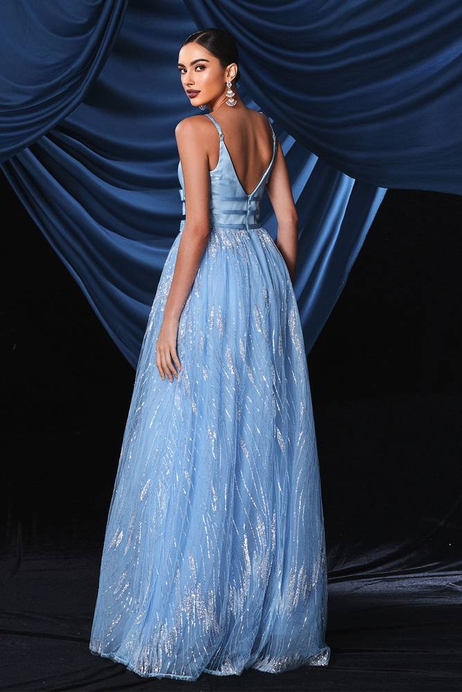 Blue Floor-Length A-Line Sequin V-Neck Evening Dresses with Bow