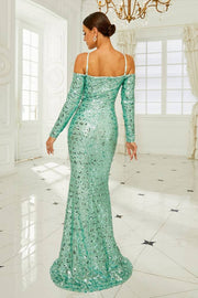 Sequined Long Sleeves Mermaid Evening Prom Dresses with Spaghetti Straps