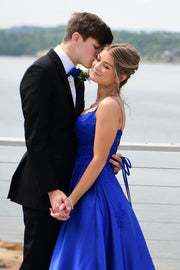 Royal Blue A-Line Satin Criss Cross Straps Prom Dresses with Appliques