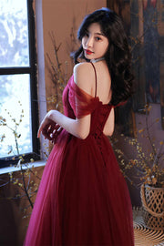 Burgundy Off-The-Shoulder A-Line Tulle Evening Dresses