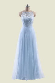 Sky Blue Sleeveless A-Line Lace Tulle Floor-Length Bridesmaid Dresses