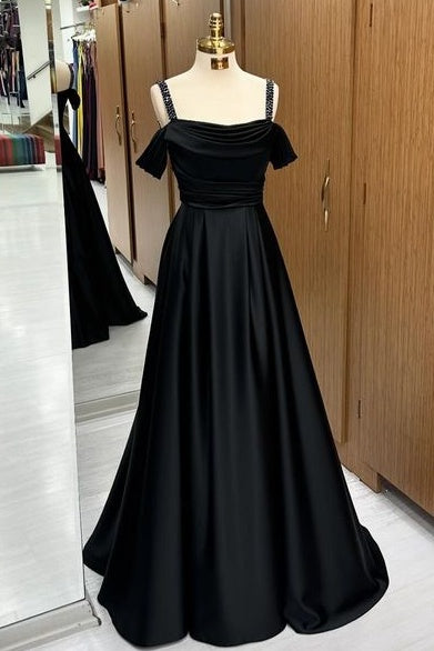 Gorgeous Black Floor-Length Off-The-Shoulder Spaghetti Straps A-Line Satin Prom Dresses