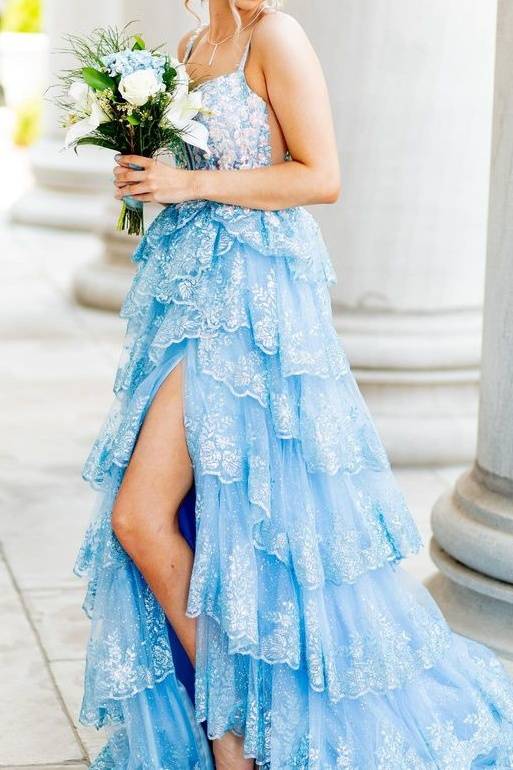 Blue Tiered Spaghetti Straps Lace Tulle A-Line Prom Dresses with Slit