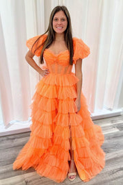 Orange A-Line Tiered Sweetheart Long Tulle Party Dresses Short Sleeves with Slit