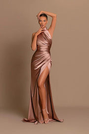 Sexy High Neck Sleeveless Mermaid Satin Prom Dresses with Slit