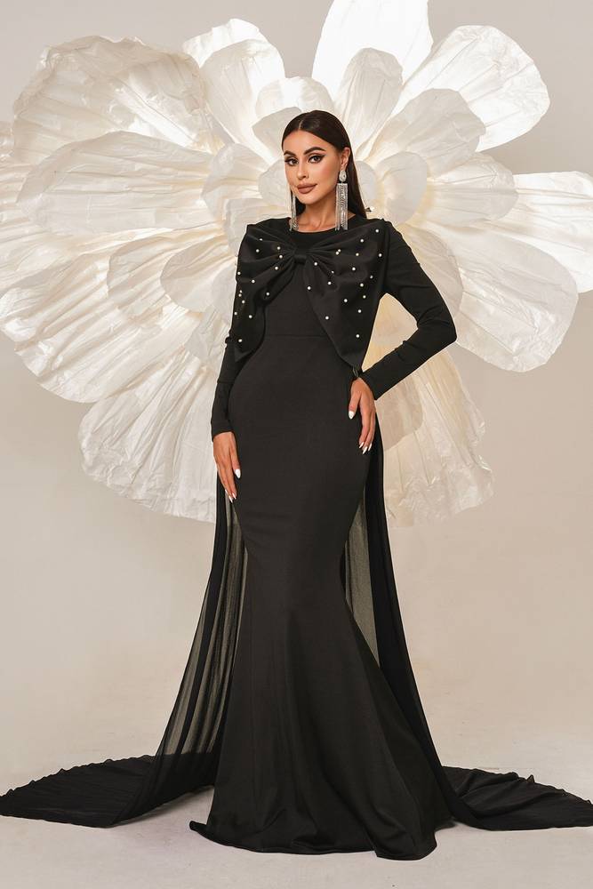 Black Beaded Long Sleeves Mermaid Satin Evening Dresses with Bow