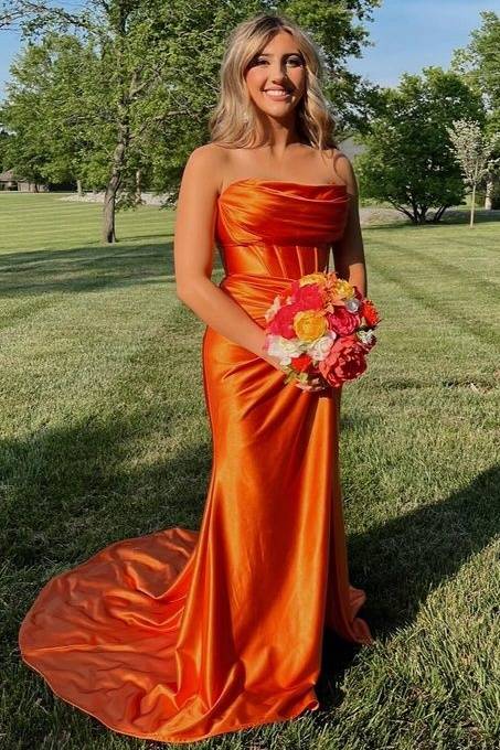 Orange Strapless Split Front Mermaid Satin Formal Dresses with Court Train