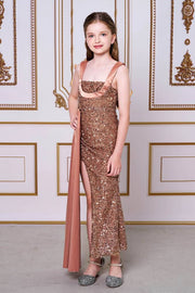 Tea-Length Sequined Teen Girl Prom Dresses with Slit