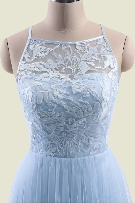 Sky Blue Sleeveless A-Line Lace Tulle Floor-Length Bridesmaid Dresses