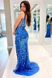 Elegant Deep V-Neck Sleeveless Mermaid Sequined Split Front Prom Dresses