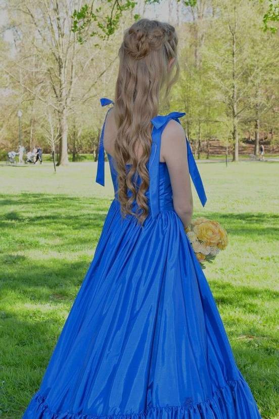 Blue Sweetheart Sleeveless Satin Long Formal Dresses A-Line with Open Back