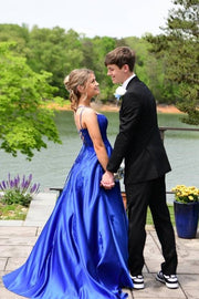 Royal Blue A-Line Satin Criss Cross Straps Prom Dresses with Appliques