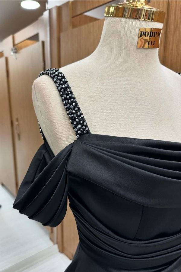 Gorgeous Black Floor-Length Off-The-Shoulder Spaghetti Straps A-Line Satin Prom Dresses